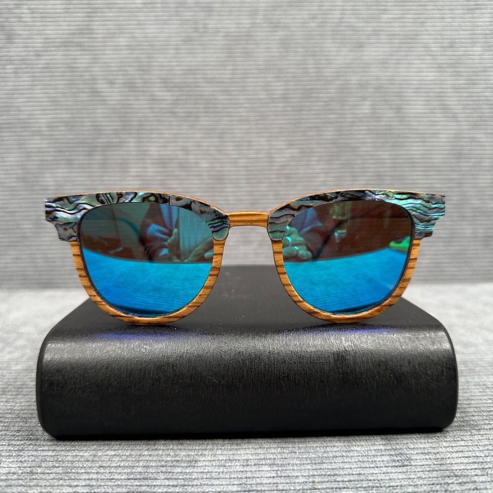 Soul California Wood Abalone Shell Sunglasses Blue Mirrored Lens Boho Wayfarer